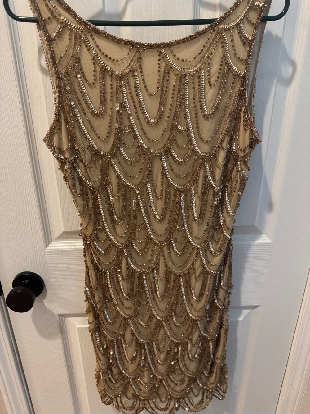 Pisarro Nights Gold Beaded Scallop Mini Dress